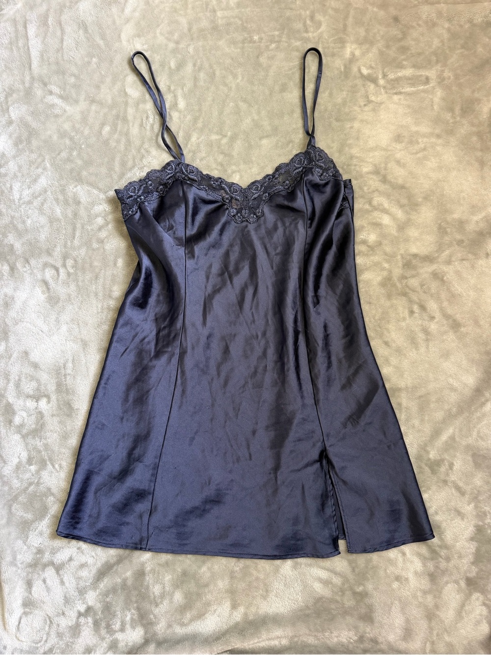 Vintage Victoria's Secret Navy Satin Lace-Trim Slip